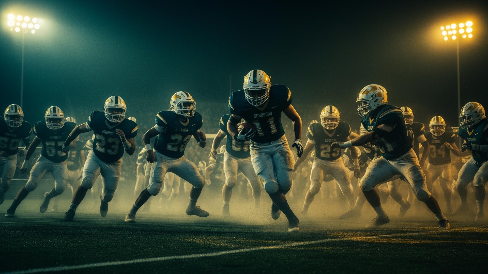 High school football players competing under stadium lights